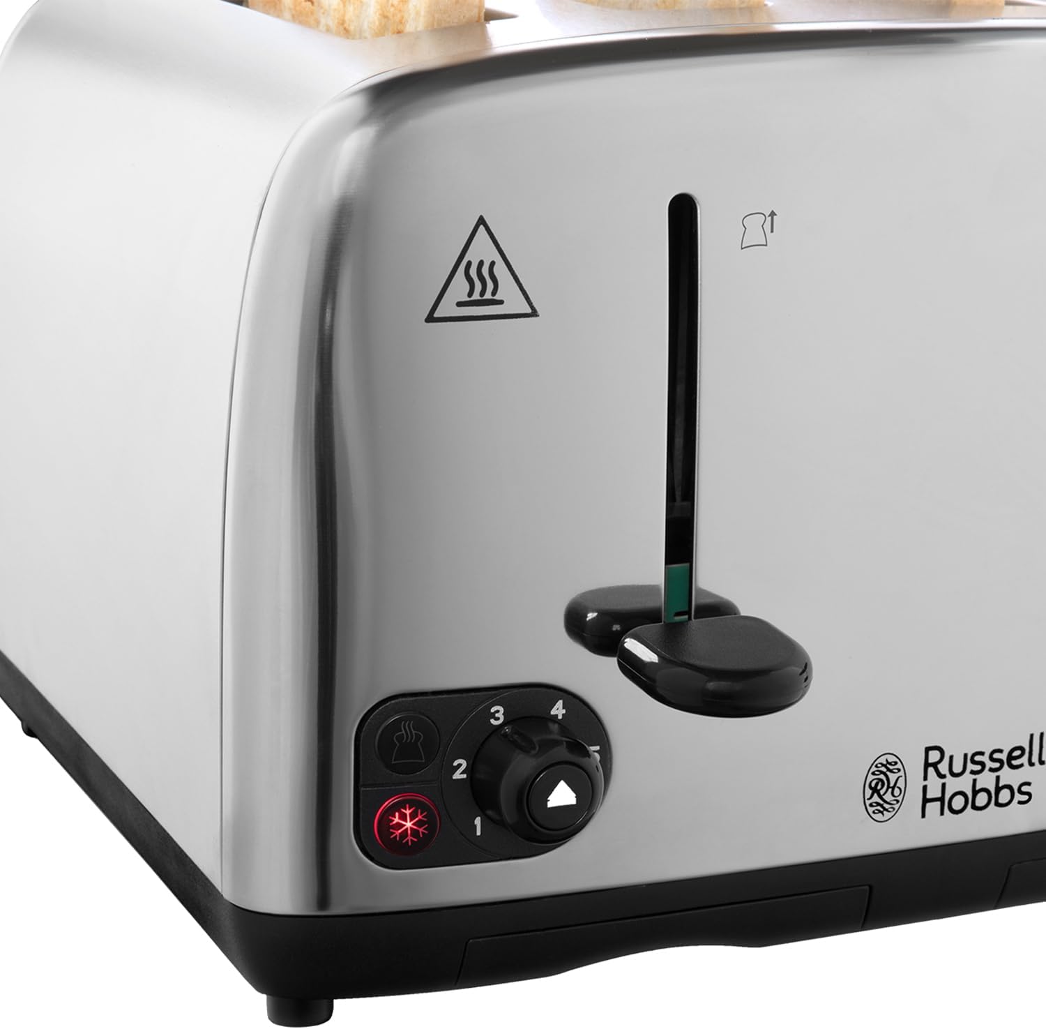 Silver toaster with control knobs and Russell Hobbs logo on a white background