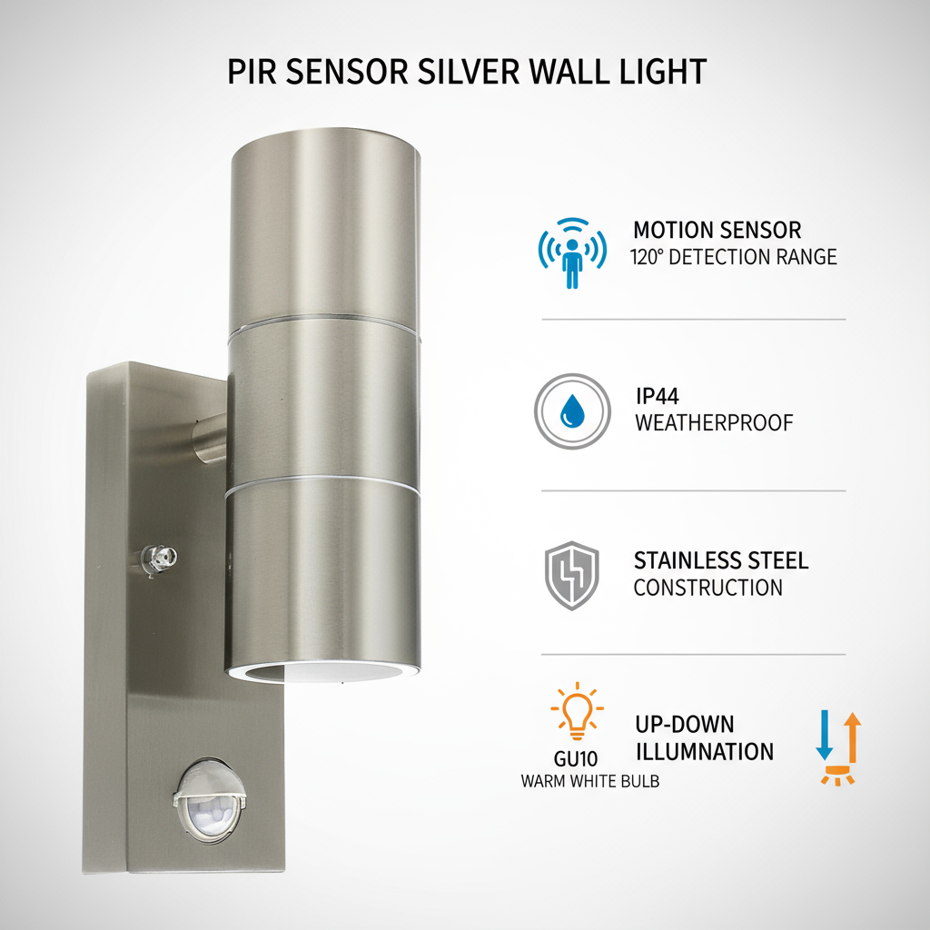 Silver wall light with PIR sensor on a white background