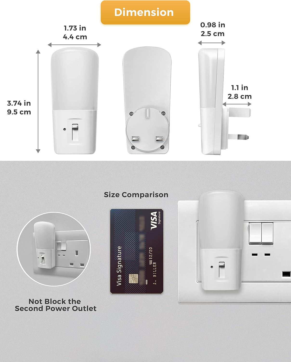Size comparison of a small electronic device with a Visa card and power outlet.