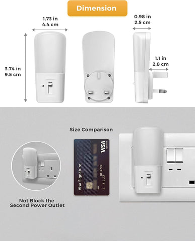 Size comparison of a small electronic device with a Visa card and power outlet.