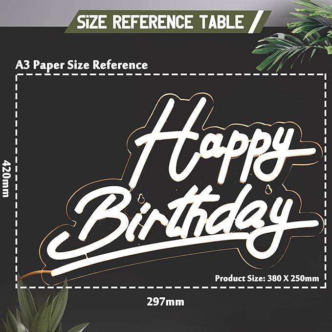 Size reference table for 'Happy Birthday' text design with dimensions on a black background.