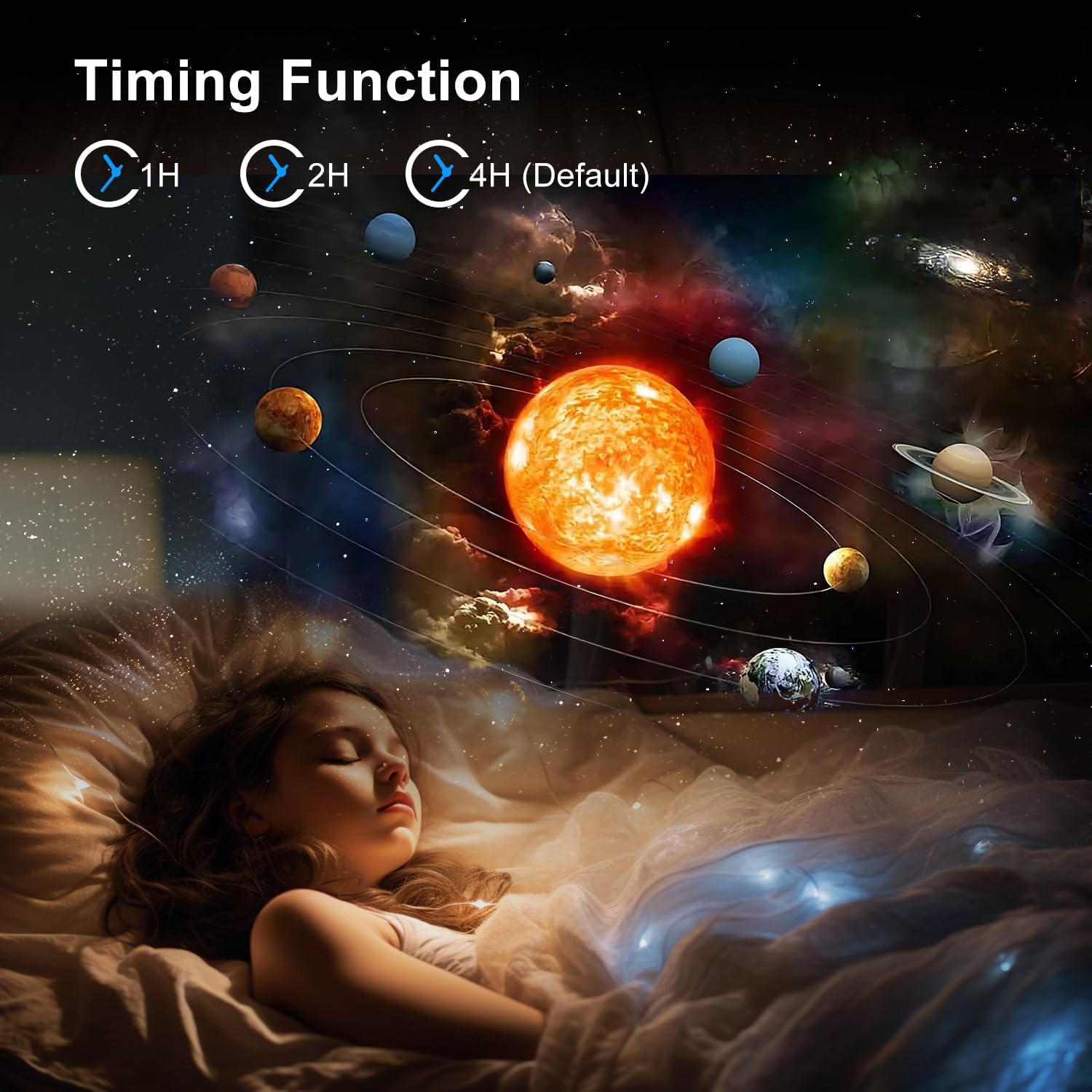 Sleeping person with solar system illustration and timing function options above.