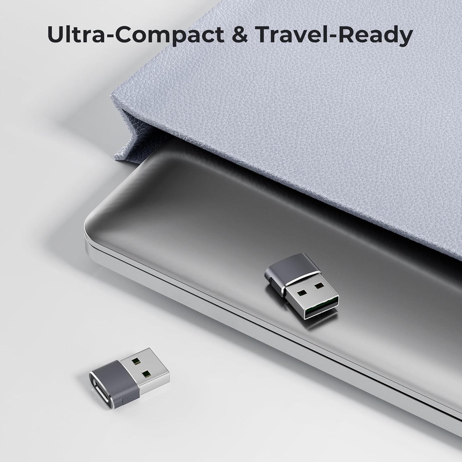 Small USB device on a metallic surface with text 'Ultra-Compact & Travel-Ready'.