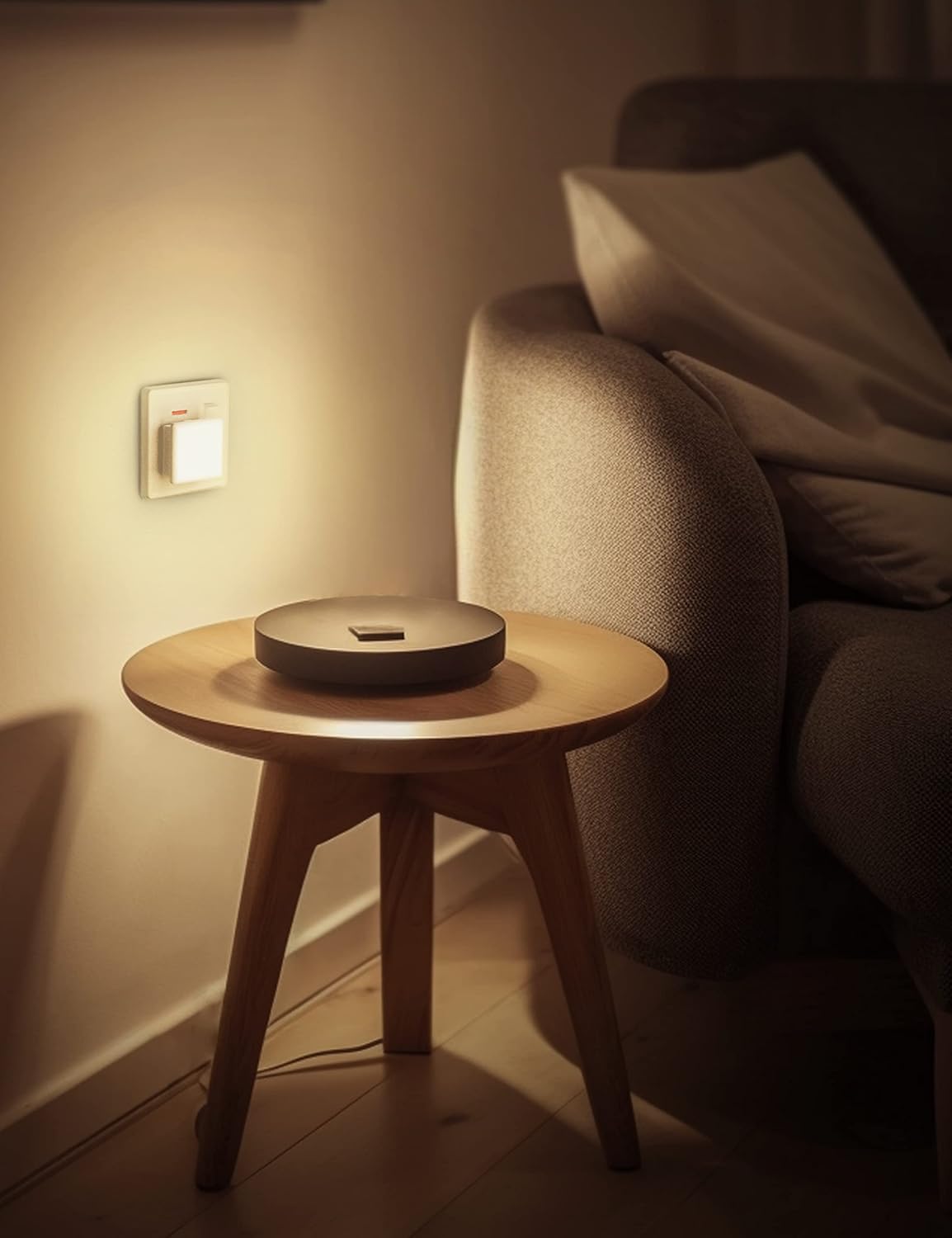 Small wooden table with a round object on it next to a sofa in a dimly lit room.