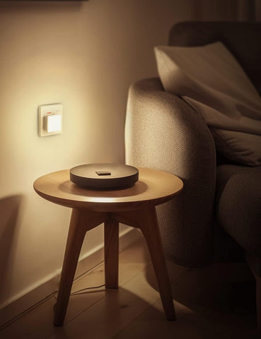 Small wooden table with a round object on it next to a sofa in a dimly lit room.