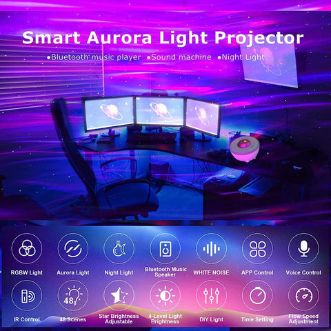 Smart Aurora Light Projector with multiple screens displaying light patterns in a room.
