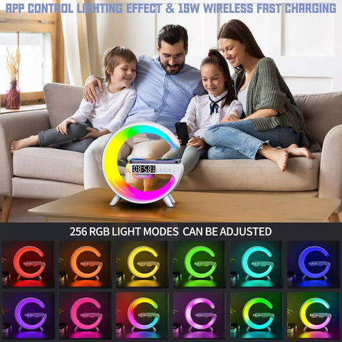 Wireless Speaker, G Shape Table Lamp,Atmosphere Night Light with Wireless Charging Function, Bedside Lamp with Alarm Clock & Charging Function, Bedroom Bedside Lamp, Gifts