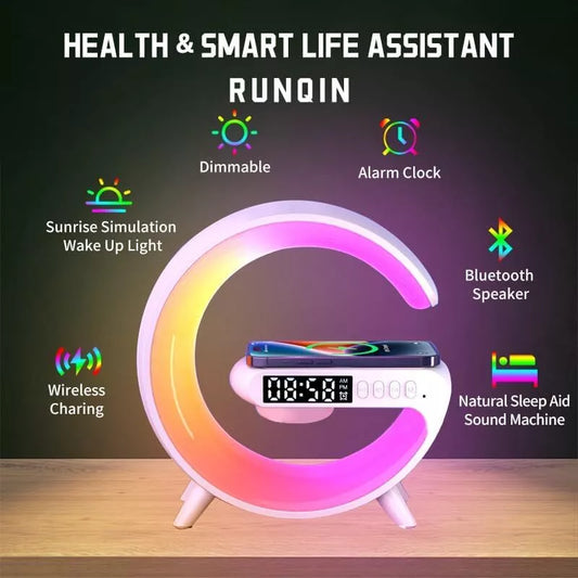 Wireless Speaker, G Shape Table Lamp,Atmosphere Night Light with Wireless Charging Function, Bedside Lamp with Alarm Clock & Charging Function, Bedroom Bedside Lamp, Gifts