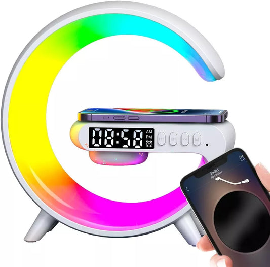 Wireless Speaker, G Shape Table Lamp,Atmosphere Night Light with Wireless Charging Function, Bedside Lamp with Alarm Clock & Charging Function, Bedroom Bedside Lamp, Gifts