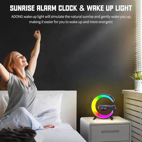Wireless Speaker, G Shape Table Lamp,Atmosphere Night Light with Wireless Charging Function, Bedside Lamp with Alarm Clock & Charging Function, Bedroom Bedside Lamp, Gifts