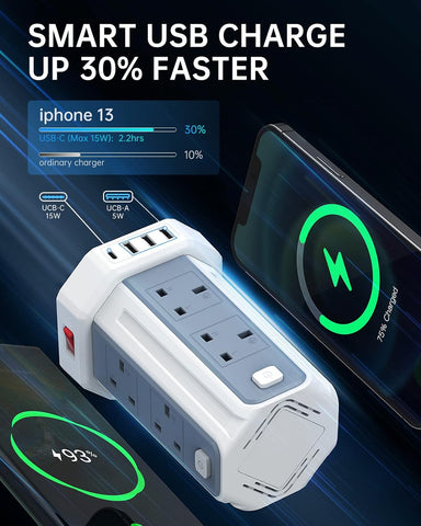 Smart USB charger with smartphone showing charging progress on a dark background
