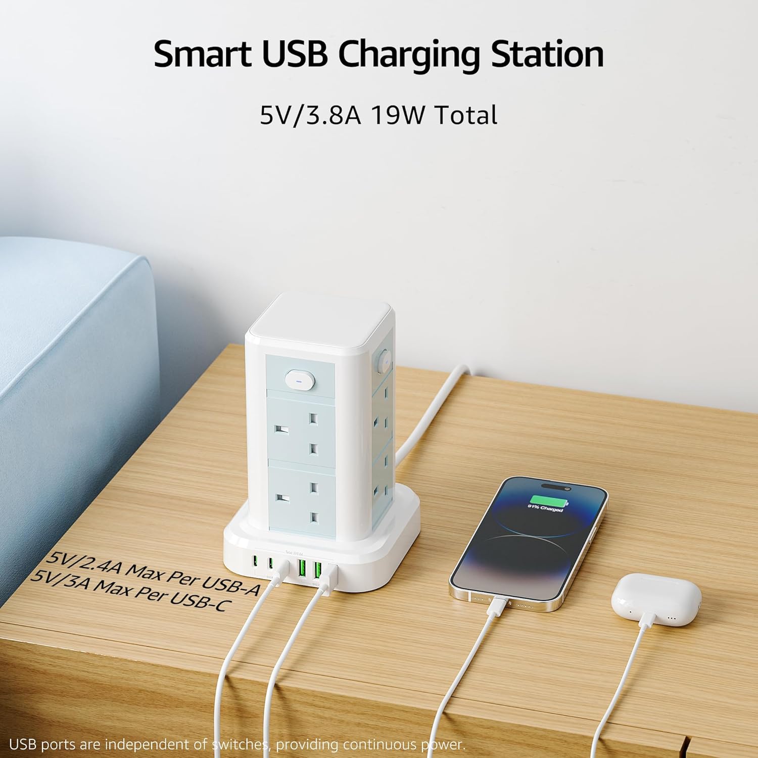 Smart USB charging station with multiple devices on a wooden surface