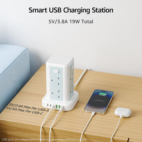 Smart USB charging station with multiple devices on a wooden surface