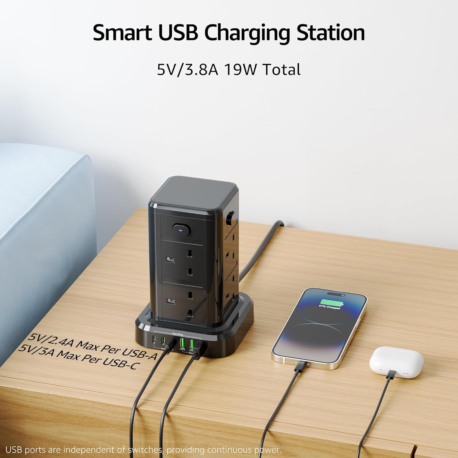 Smart USB charging station with multiple devices on a wooden surface