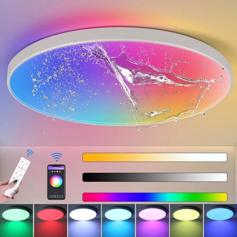 RGB color-changing LED ceiling light in a UK living room



