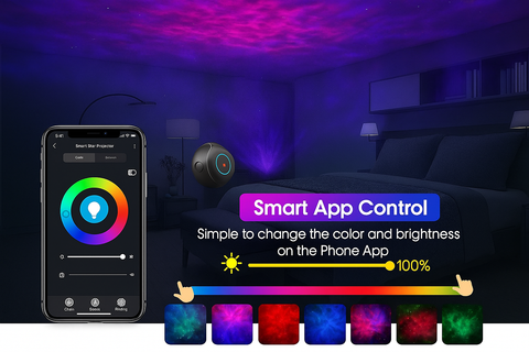 Smart app control for LED lighting with smartphone app and RGBW light bulb in a room setting.