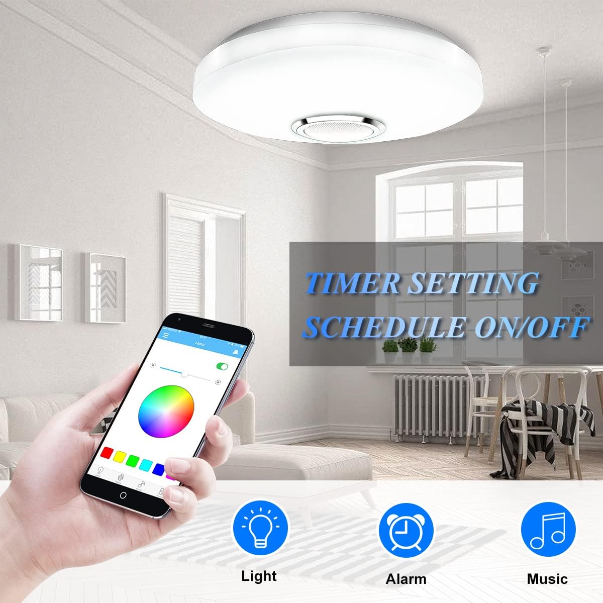 Smart ceiling light control with smartphone app in a modern living room.