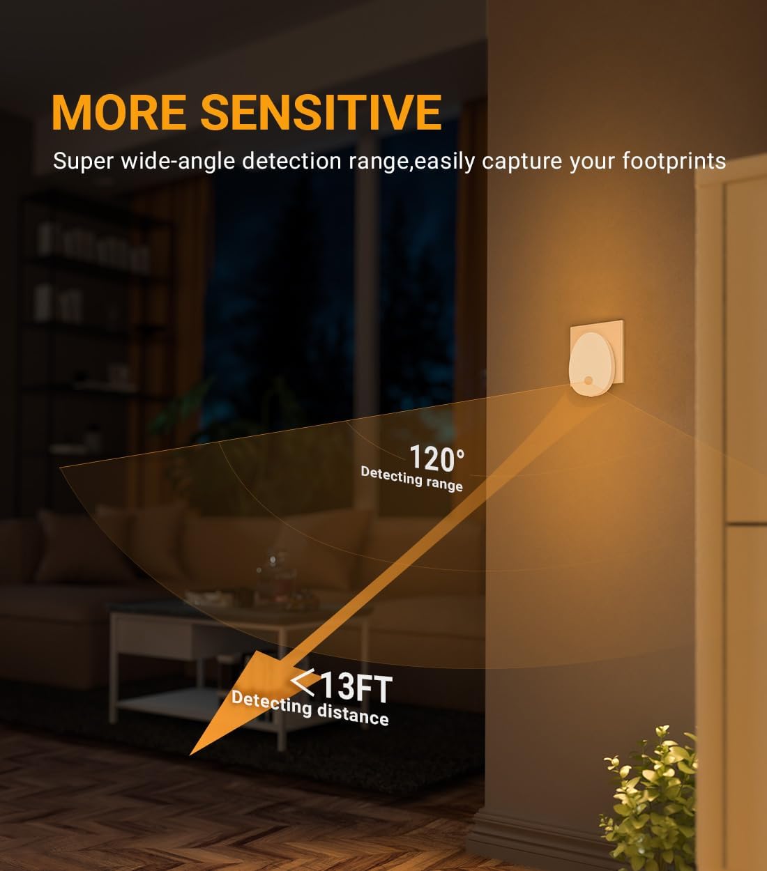 Smart doorbell with detection range and sensitivity features displayed on a dark background