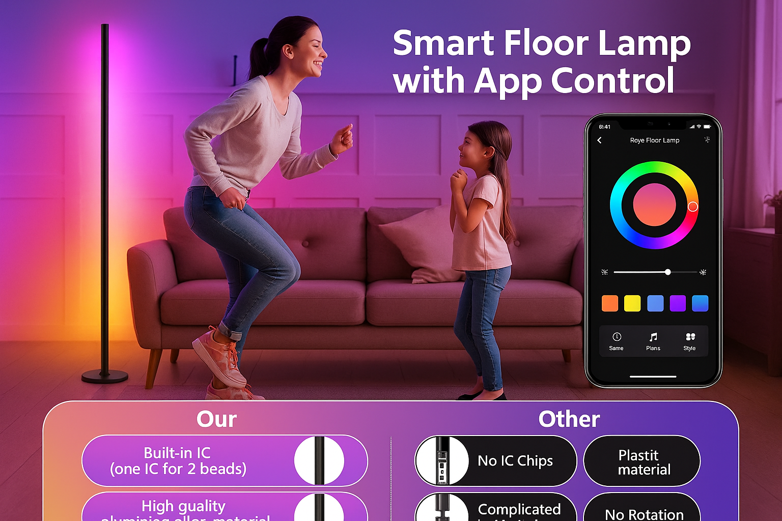 Smart floor lamp with app control in a living room setting, showing a woman and child interacting.