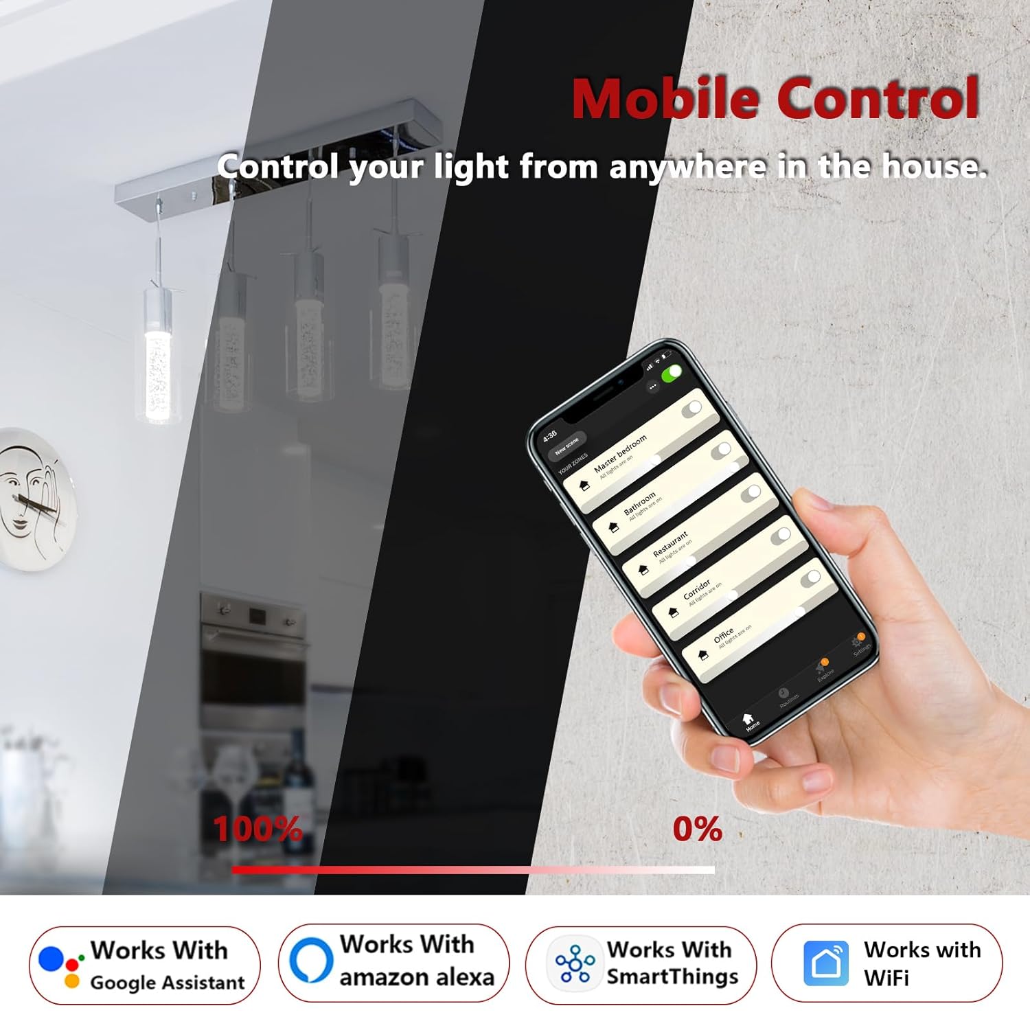 Smart home control app on a smartphone with a hand holding the phone, showing 'Mobile Control' and 'Control your light from anywhere in the house'.