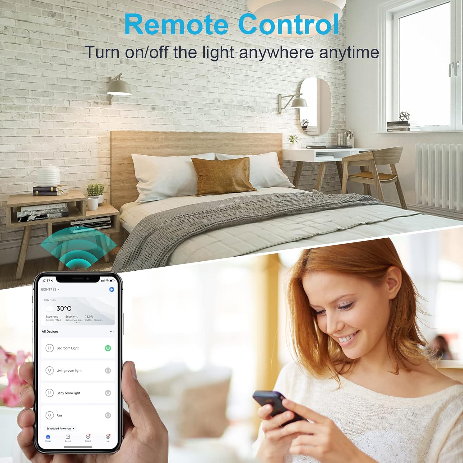 Smart home control system with smartphone app and remote control in a bedroom setting.