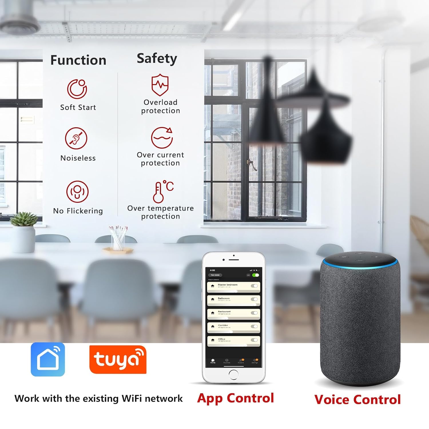 Smart home device with app control and voice control features in a modern office setting.