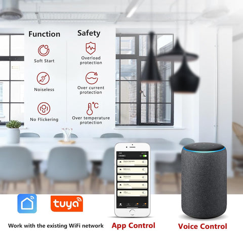Smart home device with app control and voice control features in a modern office setting.
