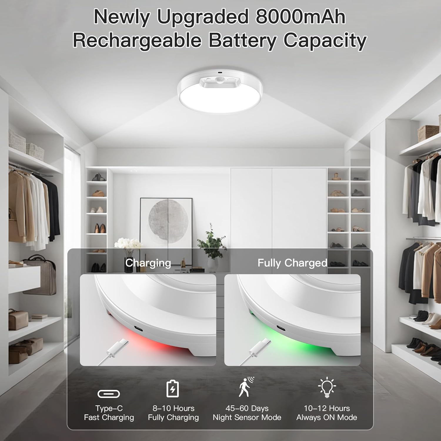 Smart home device with charging and fully charged indicators in a modern room setting.