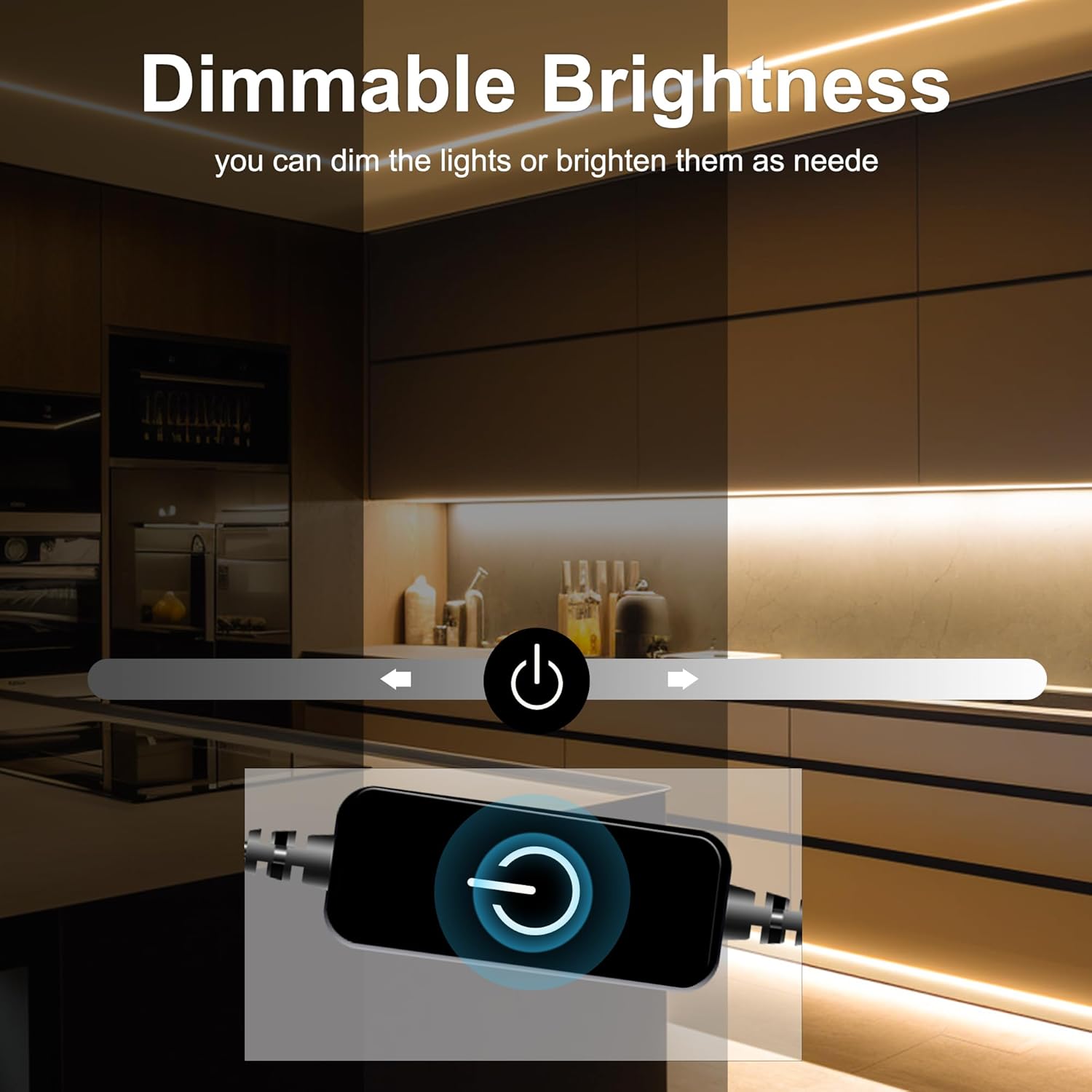 Smart home device with dimmable brightness control over a kitchen background
