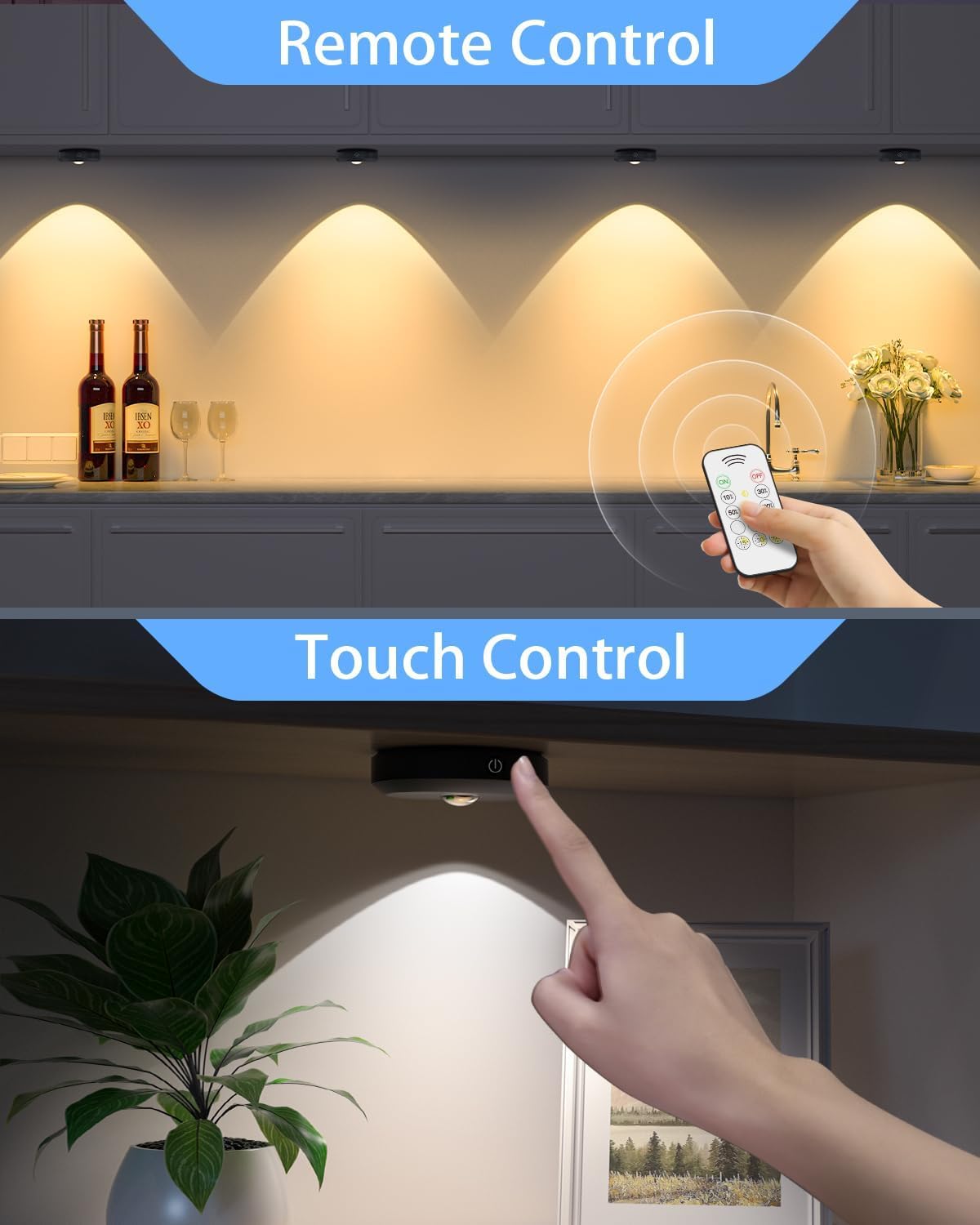 Smart home lighting control system with remote and touch controls.