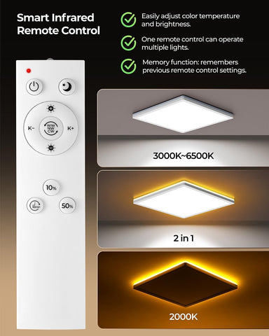 Smart infrared remote control with LED light fixture display showing color temperature options.