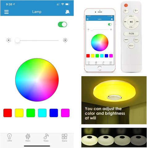Smart lamp control app with smartphone and remote control, showing color adjustment and lighting options.