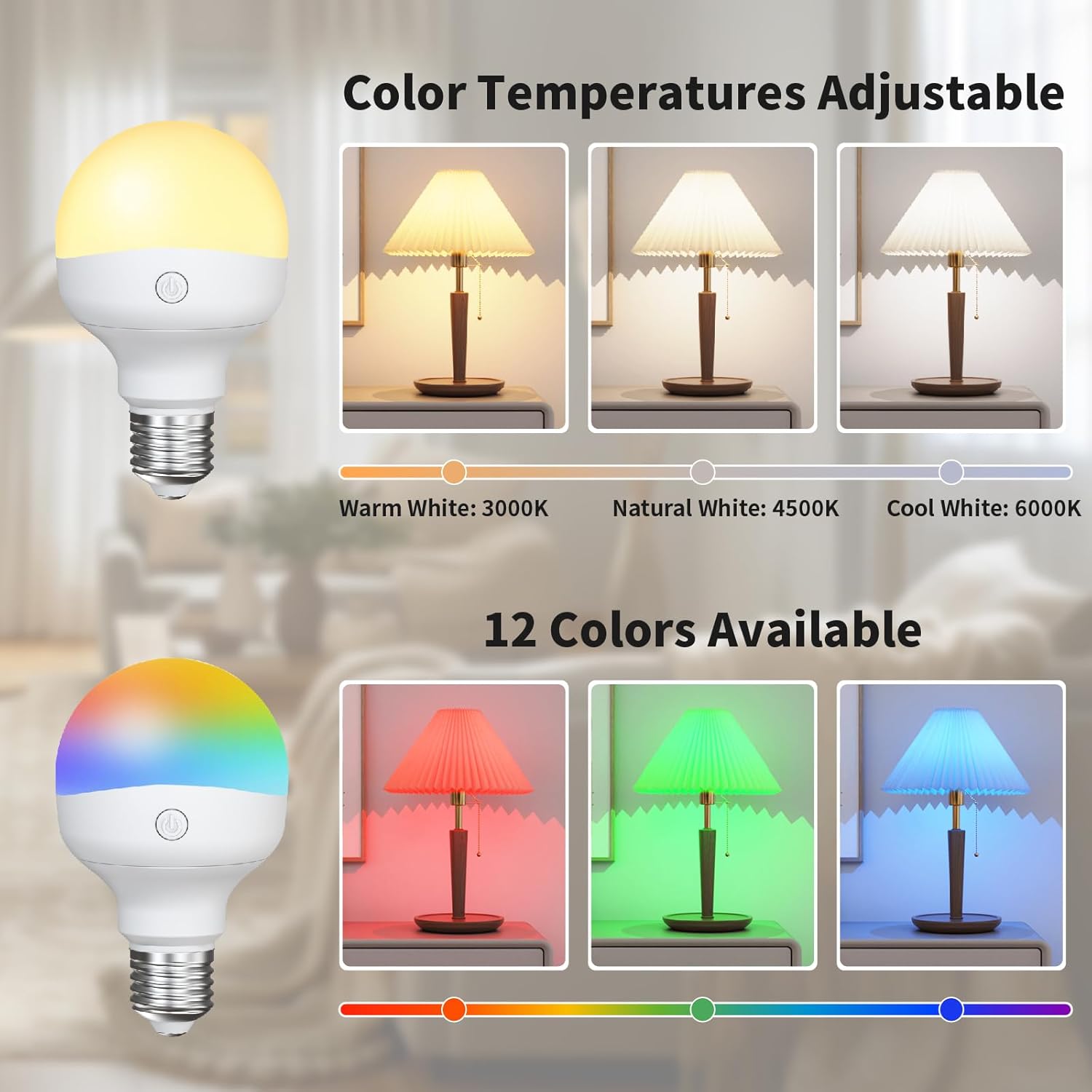 Smart light bulb with adjustable color temperatures and color options on a blurred background
