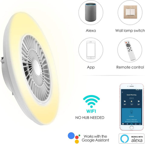 Smart light bulb with connectivity options including Alexa, wall lamp switch, app, remote control, and Google Assistant.