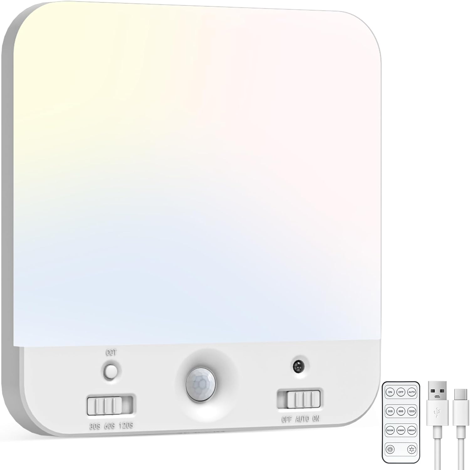 Smart light bulb with remote control and USB cable on a white background