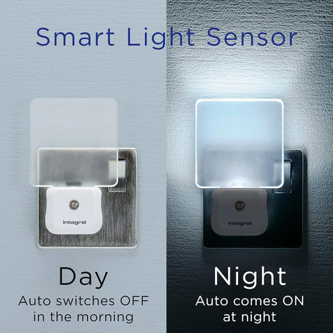Smart light sensor showing day and night functionality on a gray background