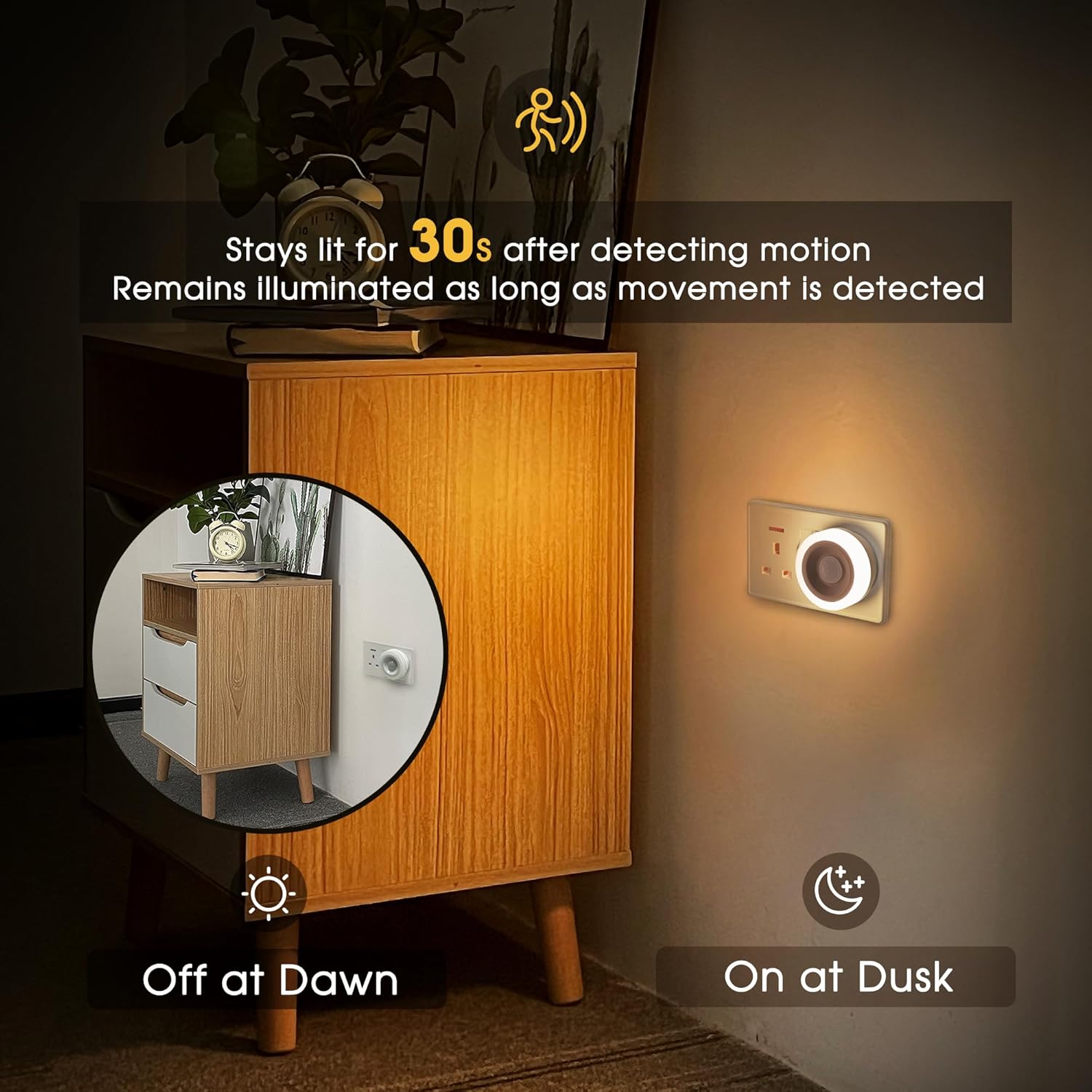 Smart light switch on a wall next to a wooden cabinet with text about motion detection and timing.