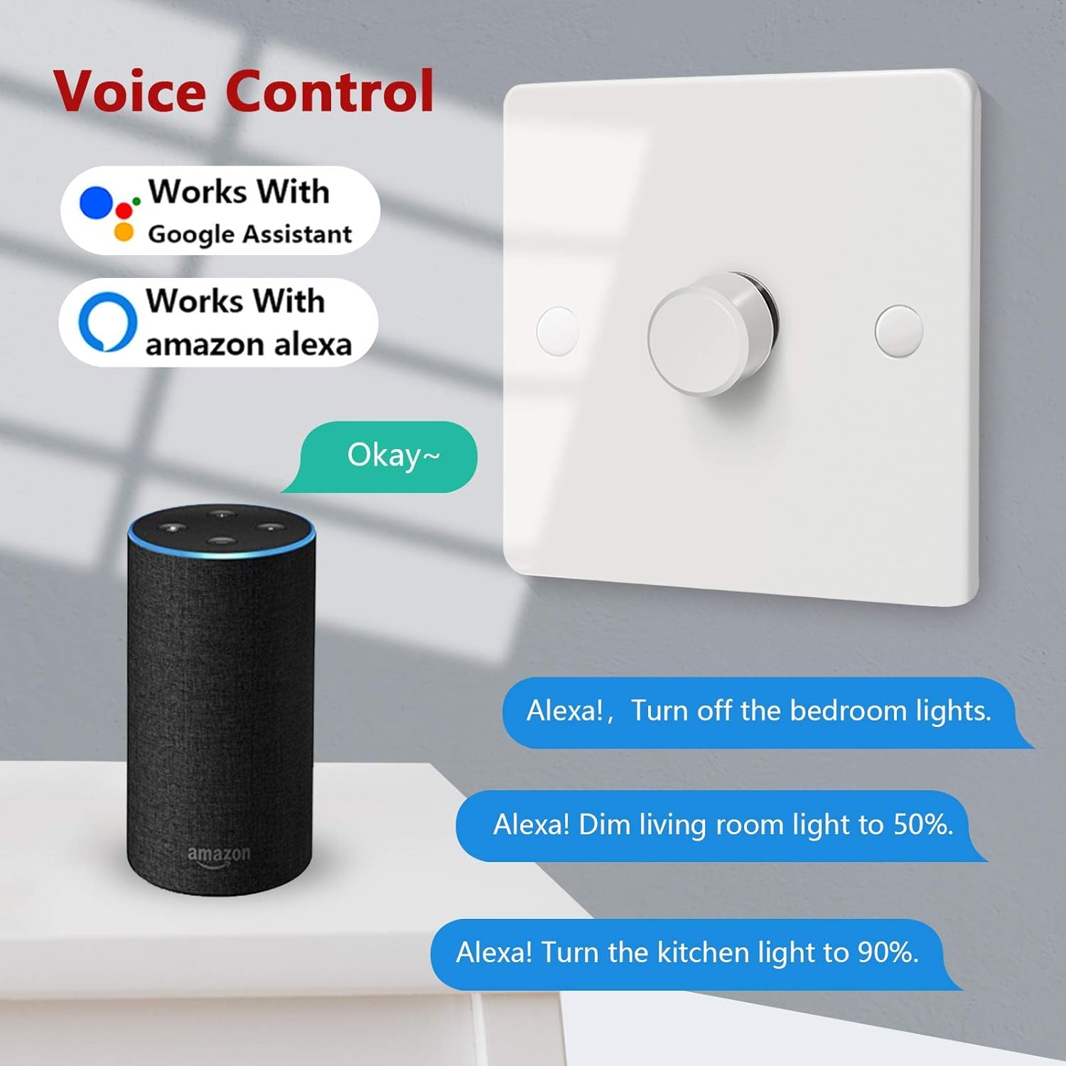 Smart light switch with Amazon Echo device and text indicating voice control with Google Assistant and Amazon Alexa.