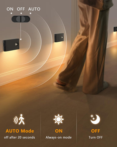 Smart light switch with person testing its functionality on a wooden floor.