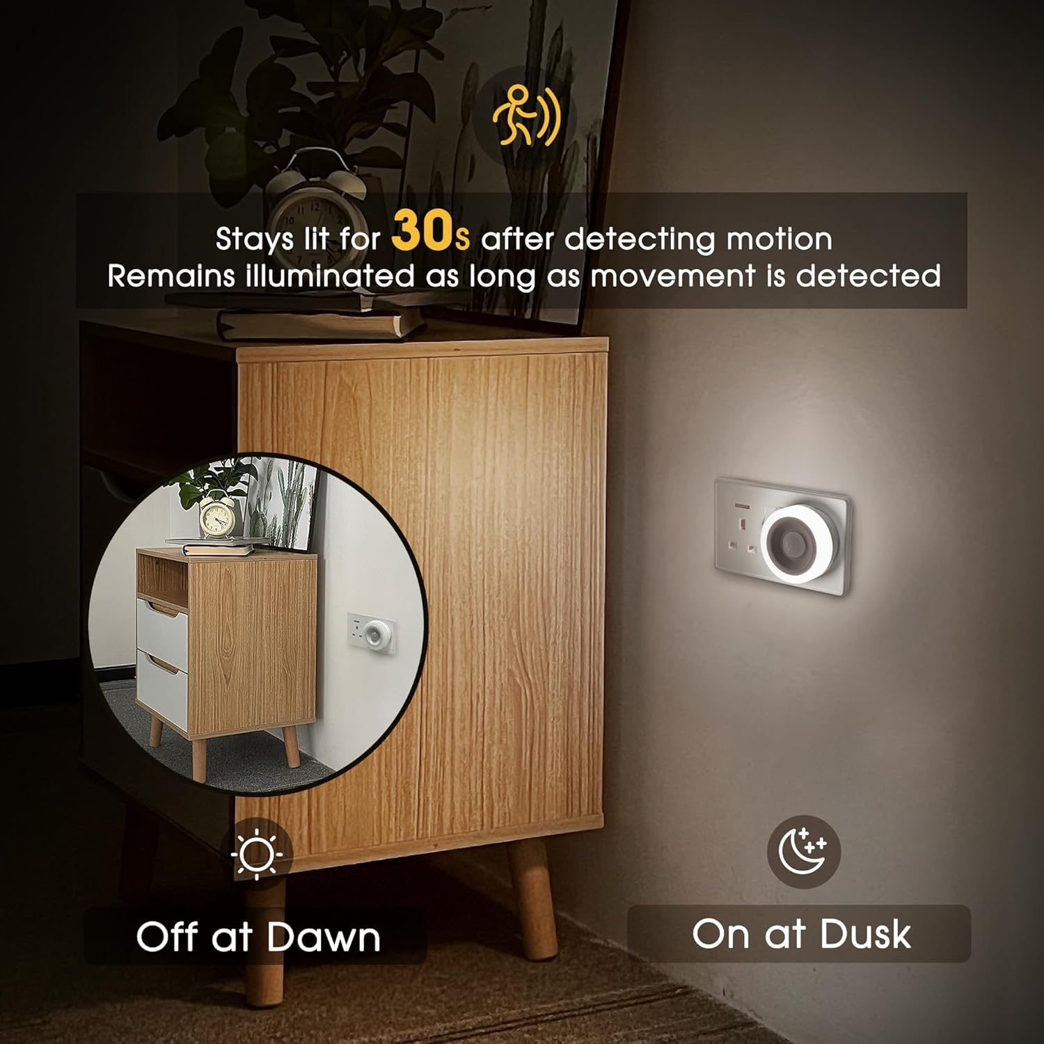 Smart motion sensor light on a wall next to a wooden cabinet with text about its features.