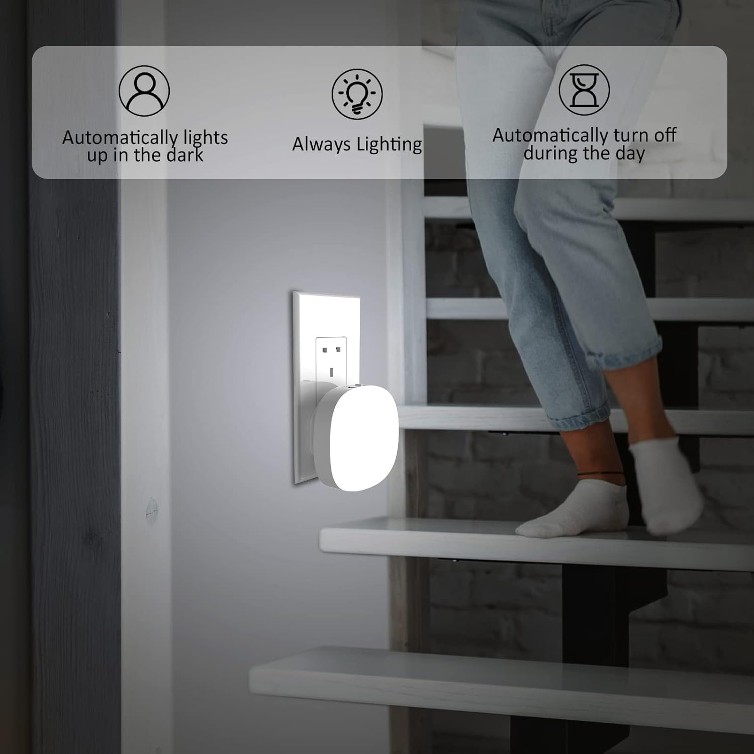 Smart night light on a staircase with user interface icons and text.