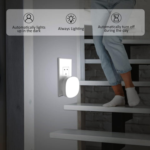 Smart night light on a staircase with user interface icons and text.