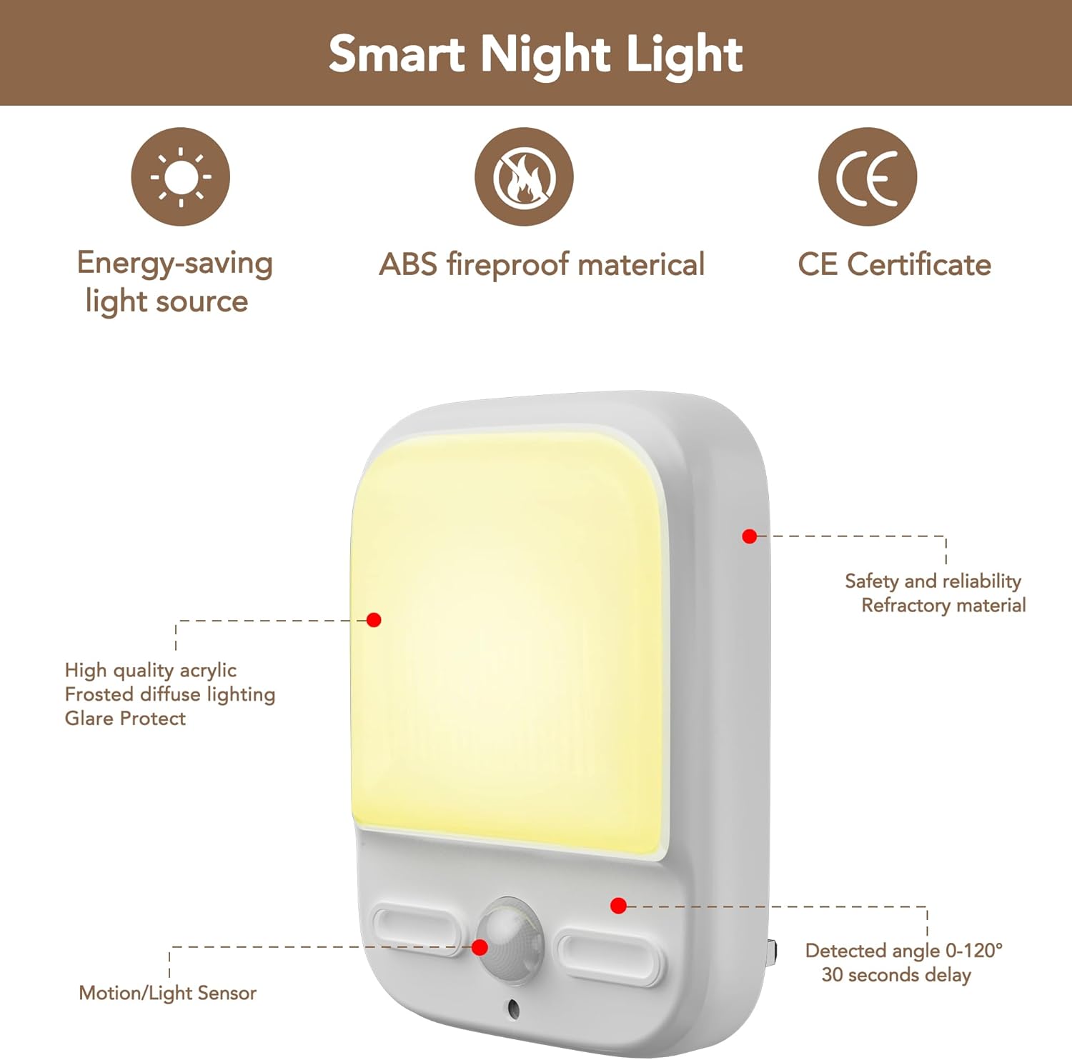 Smart night light with features highlighted on a white background