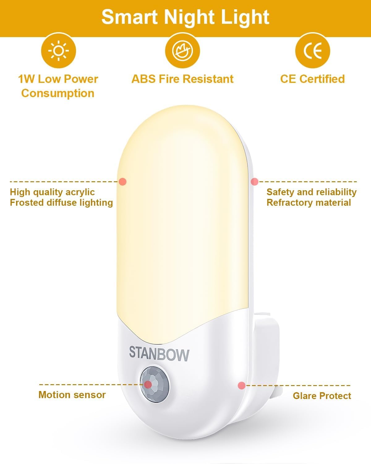 Smart night light with features listed on a white background