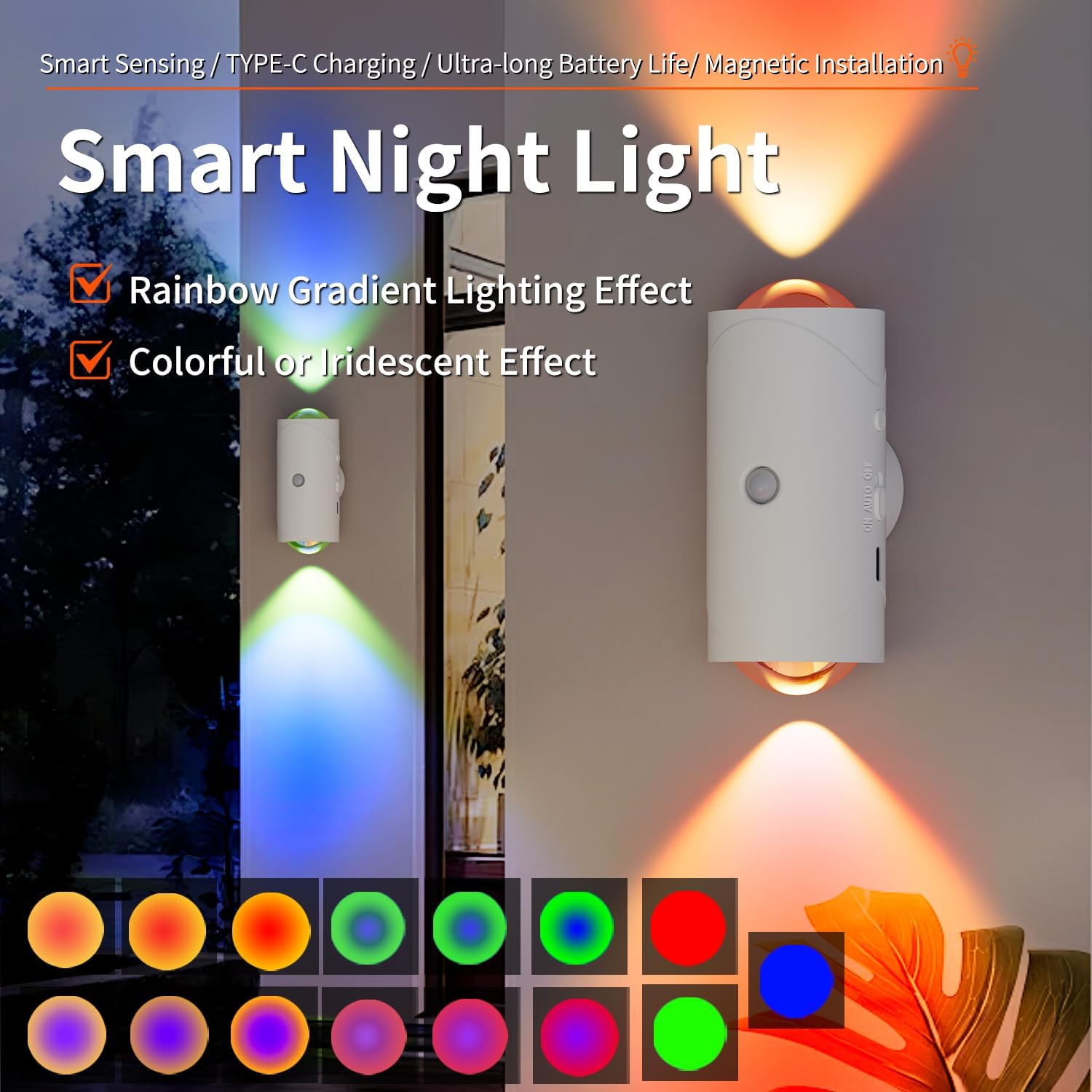 Smart night light with rainbow gradient lighting effect and colorful or iridescent effect.