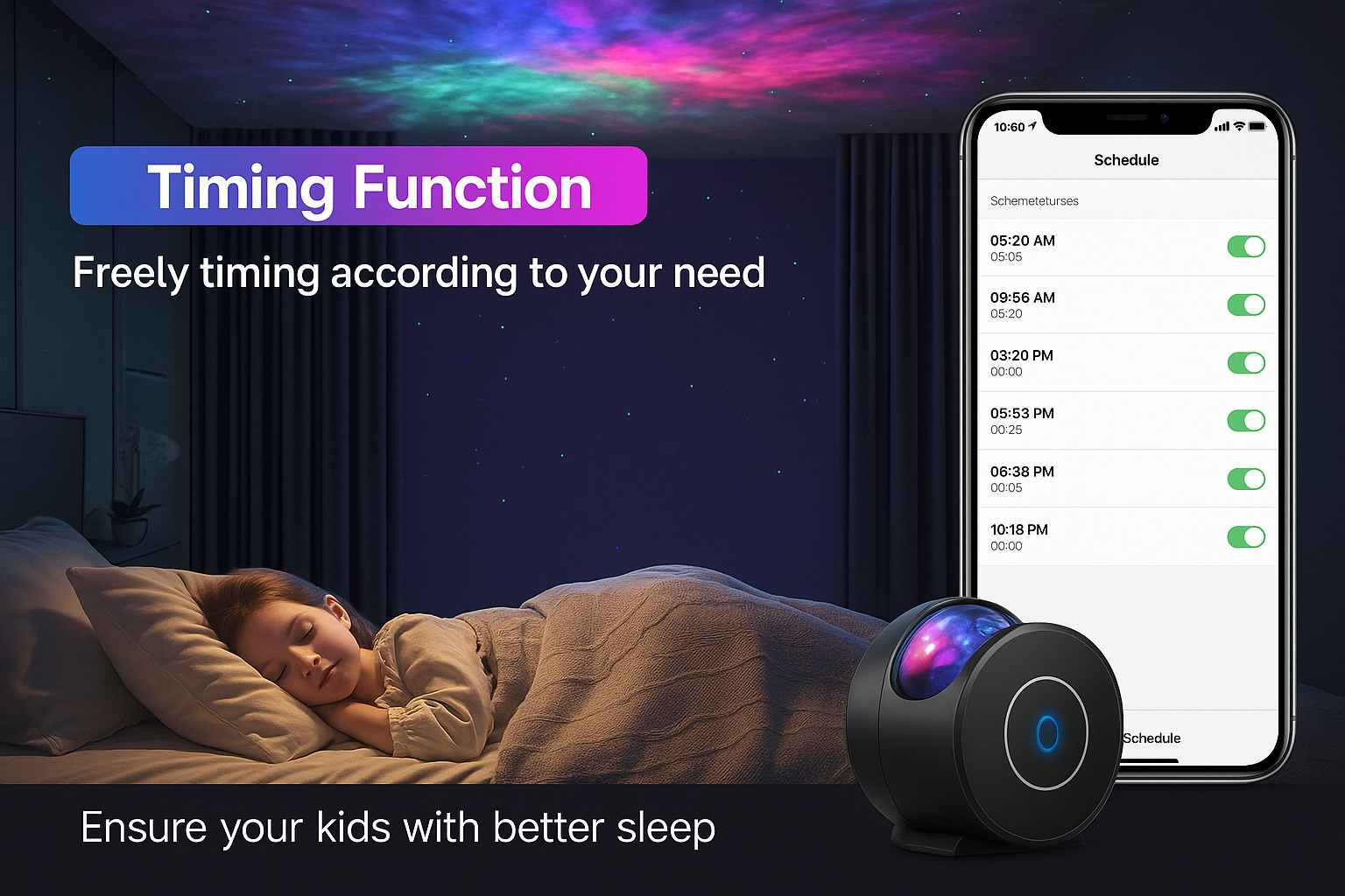 Smart night light with smartphone app for timing function, child sleeping in bed.