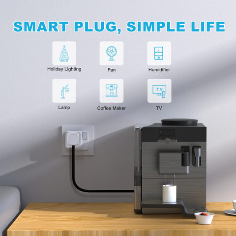 Smart plug with coffee maker on a wooden table, featuring icons for holiday lighting, fan, humidifier, lamp, coffee maker, and TV.