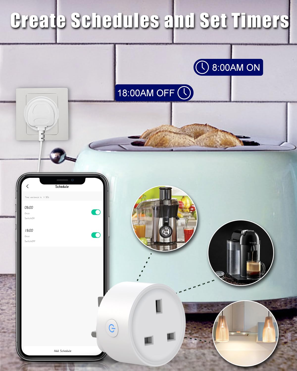 Smart plug with smartphone app interface, toaster, juicer, and light bulb on a kitchen background.
