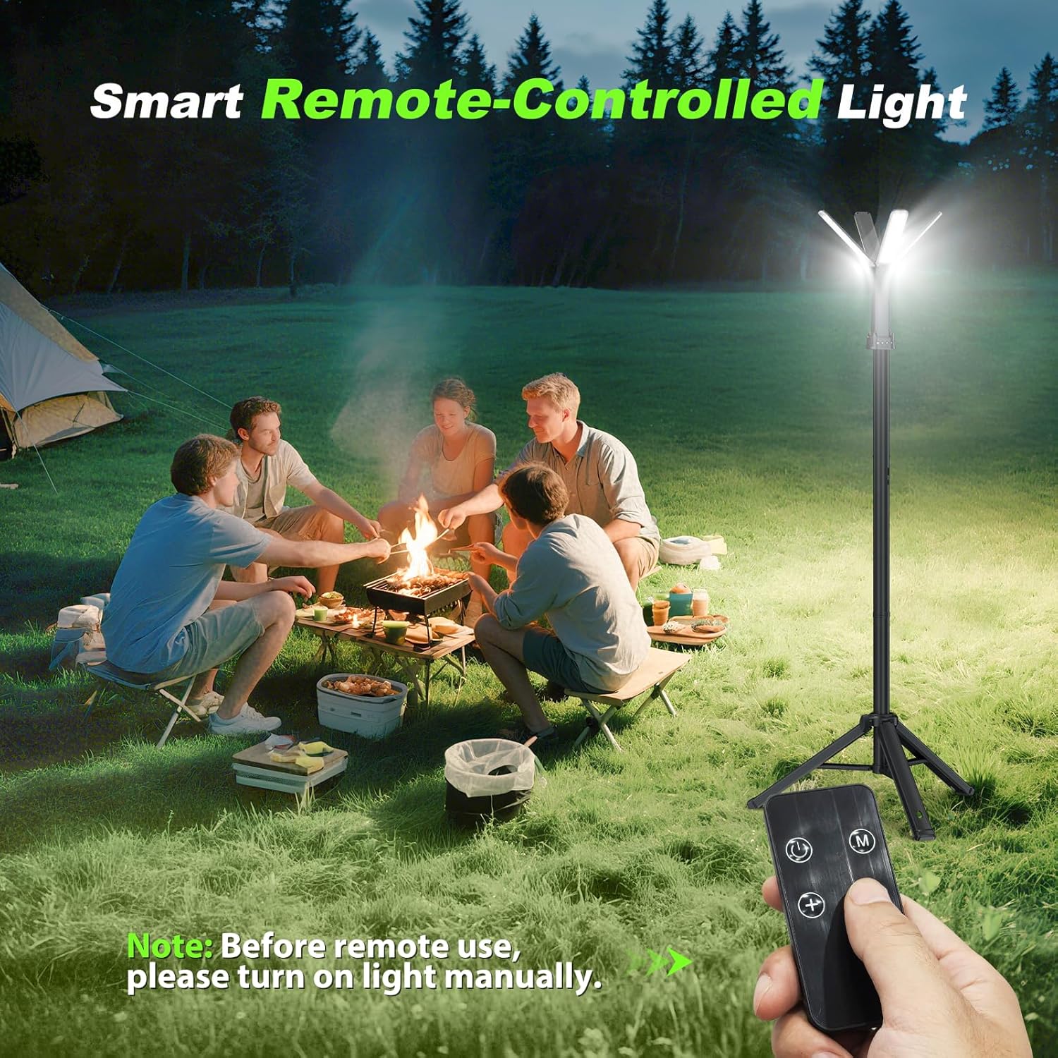 Smart remote-controlled light being used at a campsite with people around a fire.