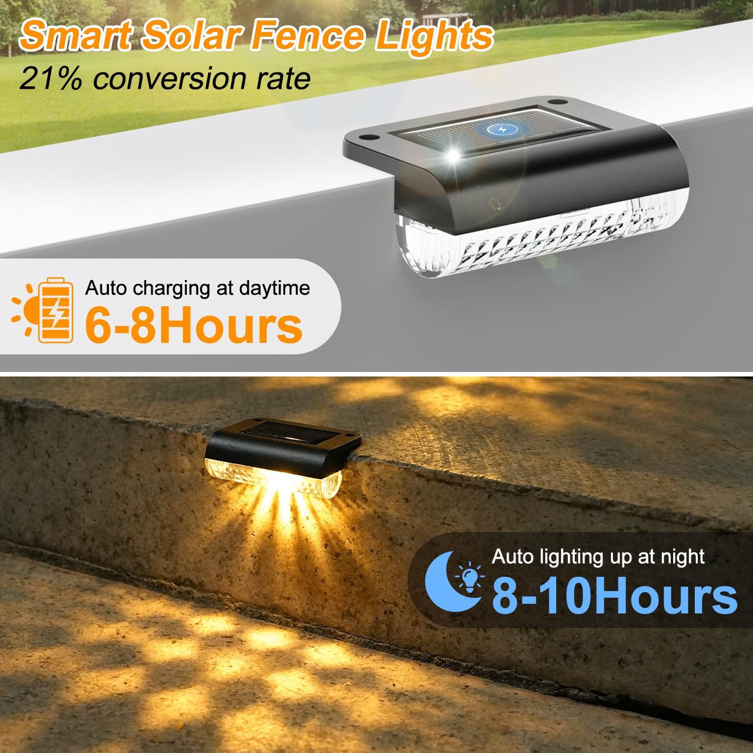 Smart solar fence light with charging and lighting duration information on a concrete surface.